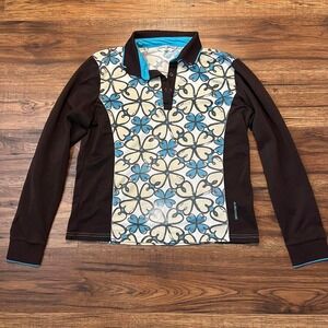 Vintage Aubusson Paris Polo Rugby Top Blue Brown Floral Medium Preppy Cottage